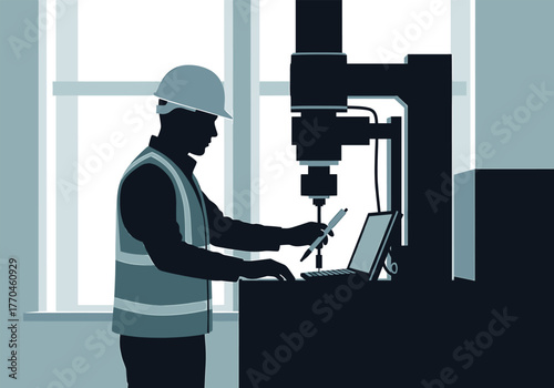 Engineer in hard hat and vest with laptop and machine engineer, worker, silhouette, professional, industry, control, pointing, engineering, description:, next, equipment, assembly, industrial, occupat
