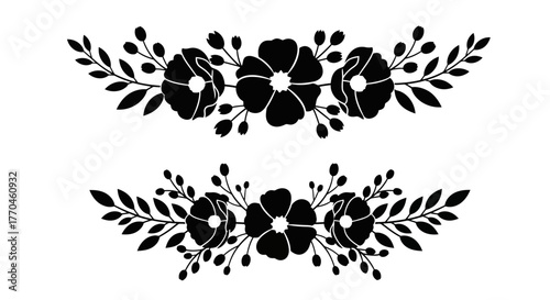 Elegant black floral arrangements with leaves and symmetrical designs displayed