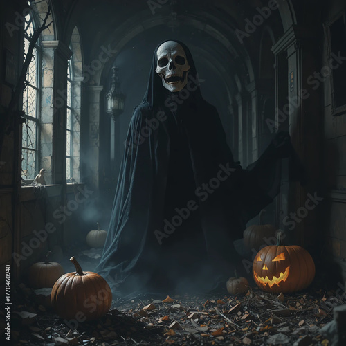 할로윈 호박과 해골 유령