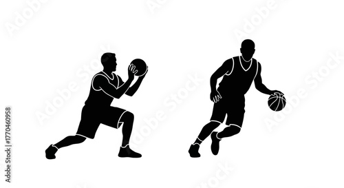 Silhouettes of two basketball players in active motion during a game