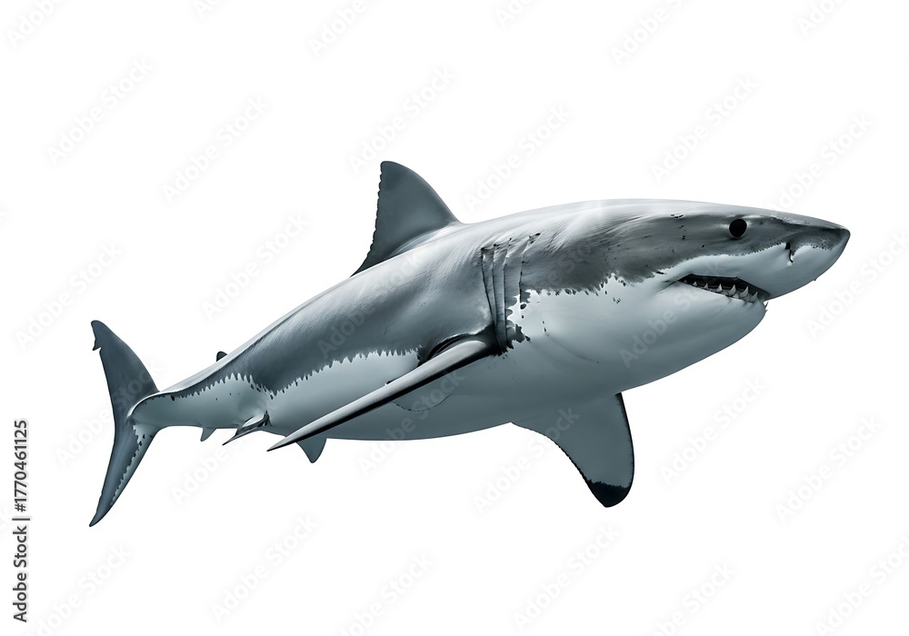 Fototapeta premium Great white shark swimming isolated on white background