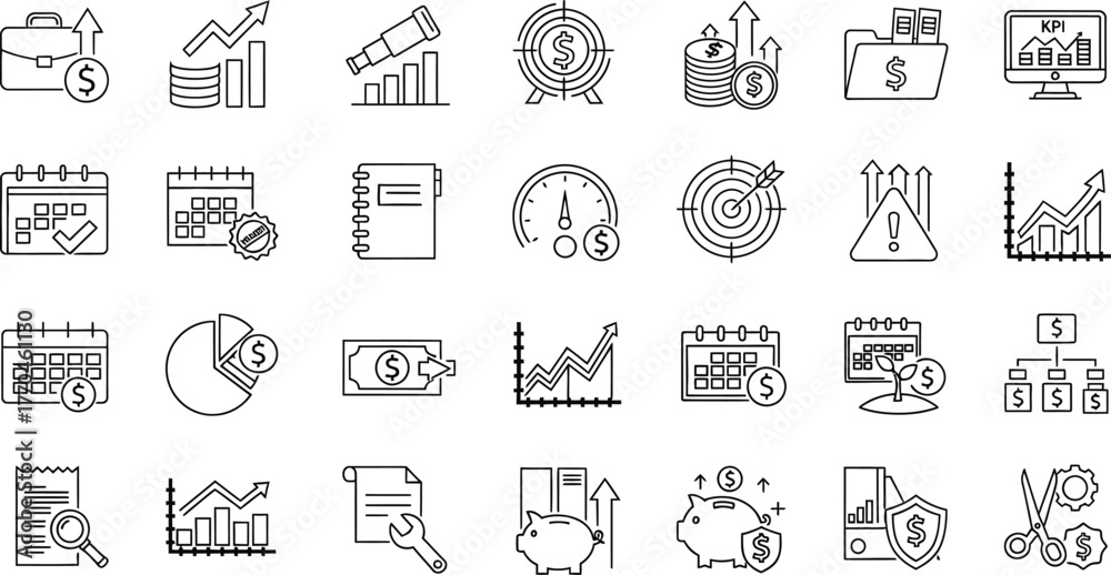 Fototapeta premium Collection of Outline Business and Finance Icons with Dollar Symbols Isolated on White