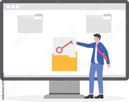 A businessman takes a key-marked document from a folder,

