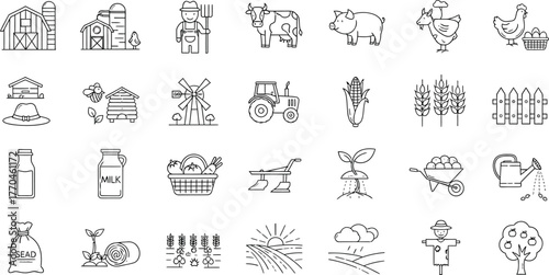 Collection of Outline Farming Icons Featuring Barns, Animals, and Agricultural Tools