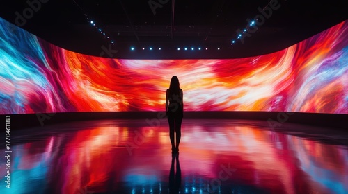 A figure stands before a large, vibrant, swirling digital display, illuminated with striking colors, casting reflections on a glossy floor.