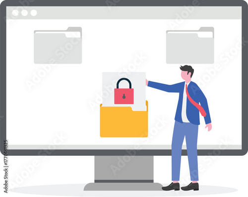 A businessman takes a lock-marked document from a folder,

