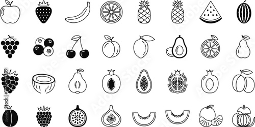 Collection of Various Fruit Line Art Icons with White Background Apple, Banana