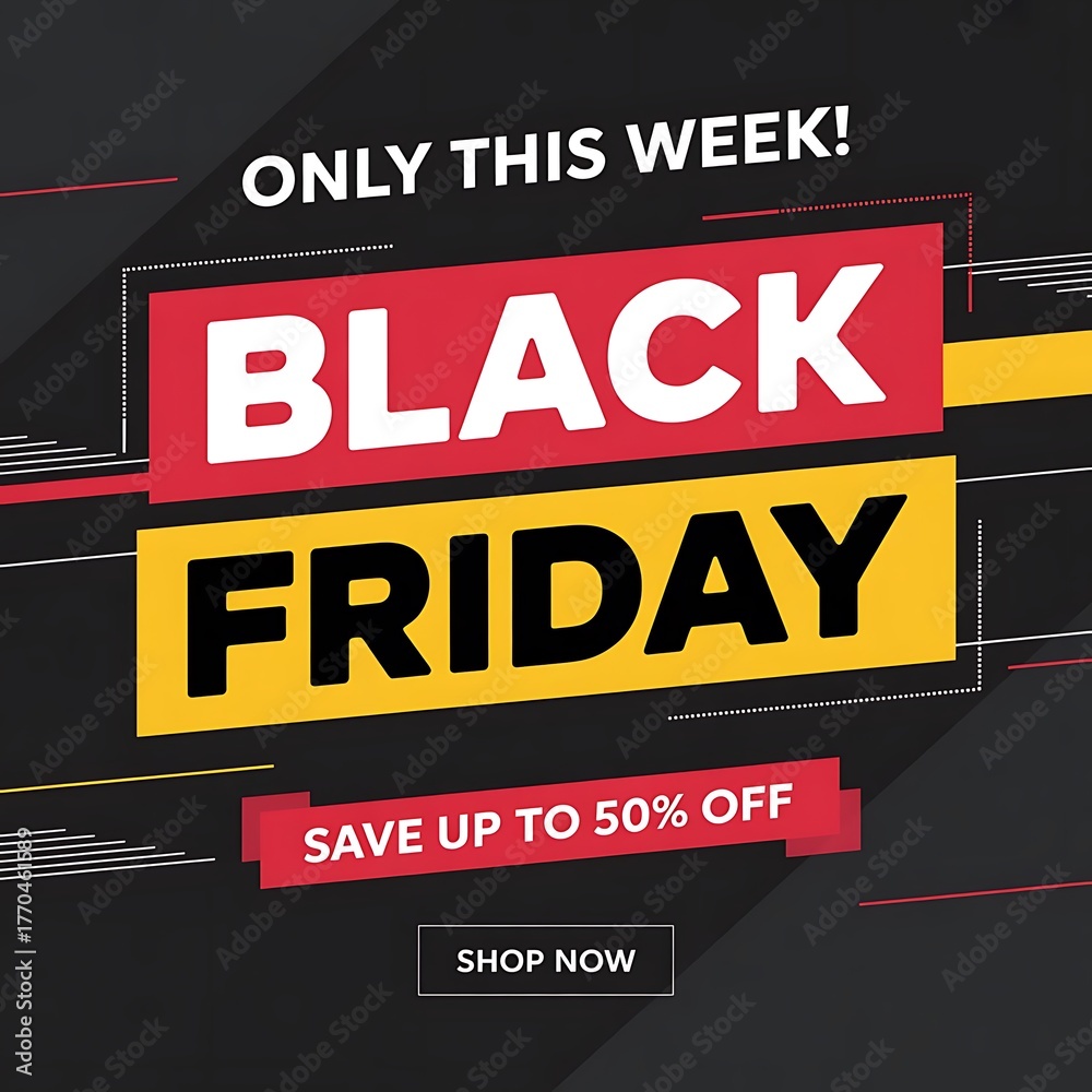 Fototapeta premium Black friday sale announcement with discount offer and shop now button