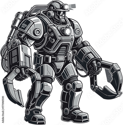 Futuristic robot miner with claw arms and headlamp, robot, futuristic, miner, mecha, mech, exoskeleton, armor, cybernetic, mechanical, industrial, heavy duty, construction, engineering, sci-fi, scienc