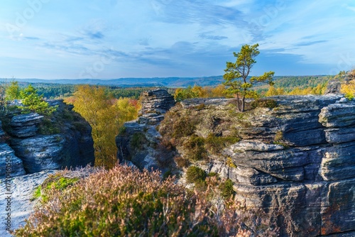 The Great Tisa Rocks - natural rock formations in Bohemian Switzerland, Wonderful rock formation Tiske steny , Czech Republic. Autumn.