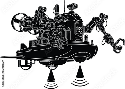 Futuristic underwater robot with robotic arms and thrusters, robot, underwater, futuristic, technology, science, exploration, machine, mechanical, engineering, innovation, submersible, vehicle, autono