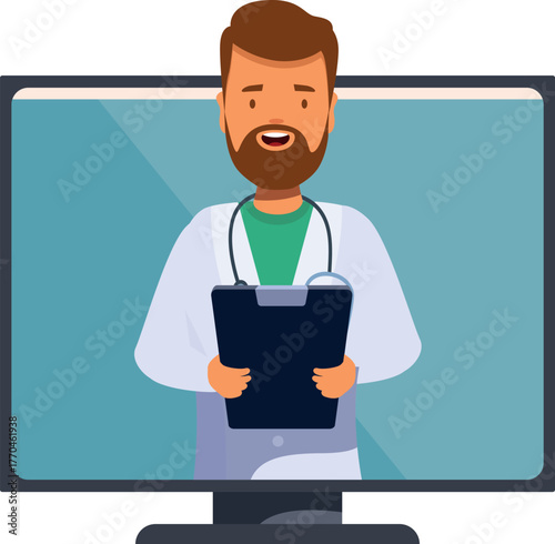 Smiling doctor holding clipboard with medical report, providing online consultation via computer screen