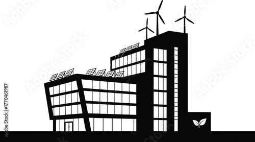 Modern Eco- Building with Wind Turbines and Solar Panels, eco-friendly, sustainable, renewable energy, green energy, building, architecture, wind turbine, solar panel, clean energy, environment, susta