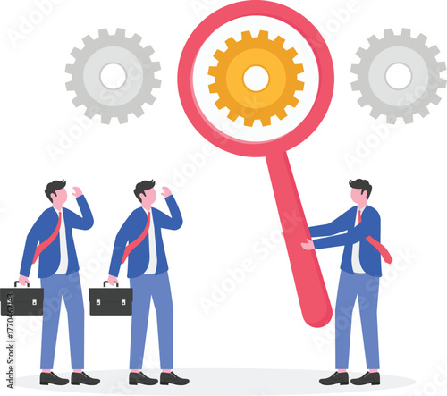 Businesspeople collaborate to lift a magnifying glass labeled with a gear system,

