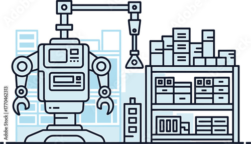 Robot and shelves with boxes in a blue industrial setting robot, automation, robotic, illustration, blue-toned, industry, robot, architecture, process, distribution, description:, system, modern, equi
