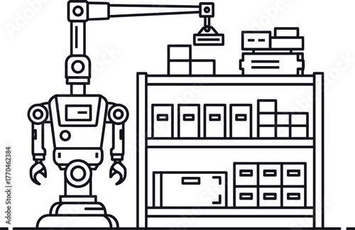 Robot arm and shelves with boxes line art robot, automation, robotic arm, warehouse, illustration, industry, simple, robot, keywords:, warehouse, process, distribution, description:, system, modern, a