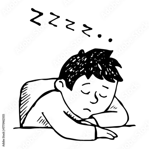Cartoon person sleeping, doozing, doodle style vector hand drawn illustration.