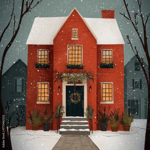 red Christmas house in the snow.