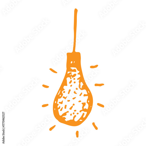 Glowing light bulb suspended from a wire, orange color shining bulb vector hand drawn.