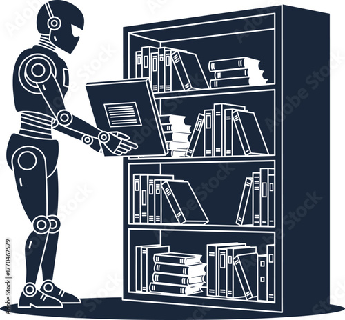 Robot holding a book in front of a bookshelf android, robot, android, automaton, artificial intelligence, ai, library, bookshelf, books, reading, knowledge, education, learning, information, technolog