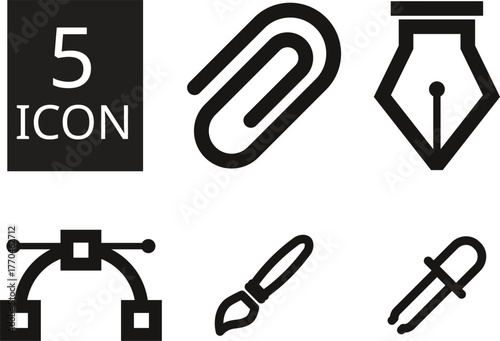 set of five black line icons including paperclip, fountain pen, paintbrush, dropper, and bridge symbolizing office tools, creative design, scientific research, connectivity, and productivity .