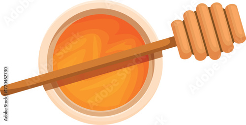 Wooden honey dipper lying across a bowl of fresh honey, viewed from above