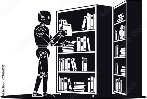 Robot placing book on shelf in library android automaton, robot, android, automaton, artificial intelligence, ai, library, bookshelf, books, reading, knowledge, education, learning, information, techn