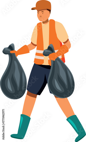 Garbage man collecting trash bags and wearing safety vest and gloves