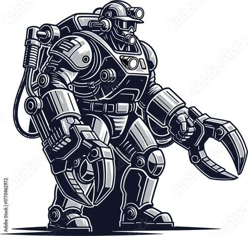 Robotic miner with powerful claw arms and helmet mecha, robot, miner, mecha, mech, exoskeleton, armor, cybernetic, mechanical, industrial, heavy duty, construction, engineering, sci-fi, science fictio