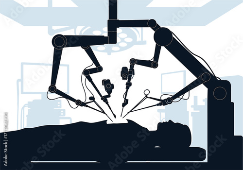 Robotic Surgery System Performing Operation On Patient robotic surgery, medical robot, surgery, illustration, arms, robot, room, dark, multiple, description:, system, equipment, advanced, machine, fut