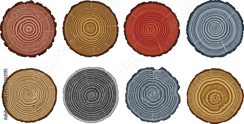 Colorful Tree Rings Collection Round Wood Slice Sections with Tree Age in Detail