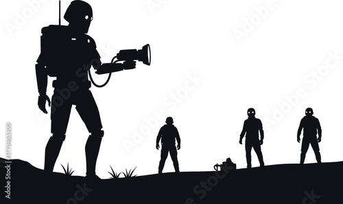 Silhouette of a large robot and smaller figures on a landscape, robot, android, droid, artificial intelligence, ai, science fiction, sci fi, futuristic, technology, automation, mechanical, androids, c