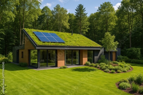 Modern eco-friendly house with a green roof and solar panels surrounded by lush greenery