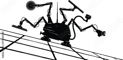 A vector illustration of a black silhouette spider on a web with a Japanese kanji calligraphy hand sign of a woman doing sport for fun, robot, robotic, spider, cleaning, solar, panel, technology, auto