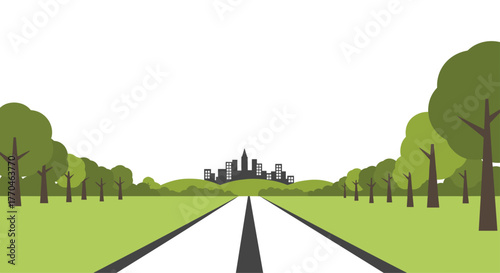A vibrant cityscape through lush green landscapes and a clear road ahead, symbolizing progress and opportunity