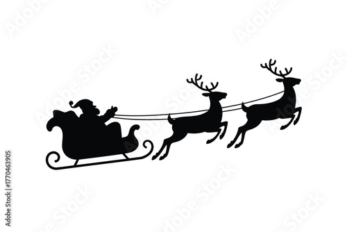 Santa Claus rides his sleigh pulled by reindeer through the night sky