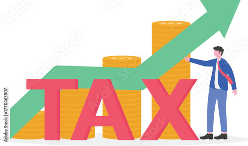 A businessman stands next to the word TAX with a rising green chart,

