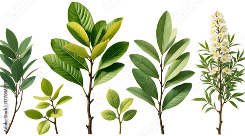 Vibrant lush green foliage and delicate white blossoms create an elegant botanical collection perfect for design projects