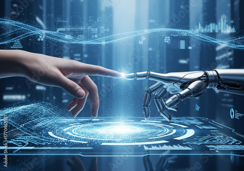 Fotografija Human and robotic hand touching fingertips with glowing digital futuristic inter