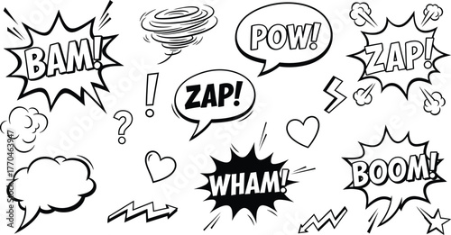 Comic Speech Bubbles Set, Superhero Words, Cartoon Explosion Elements on White