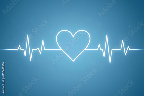 Glowing neon heart symbol with ekg heartbeat line on blue background