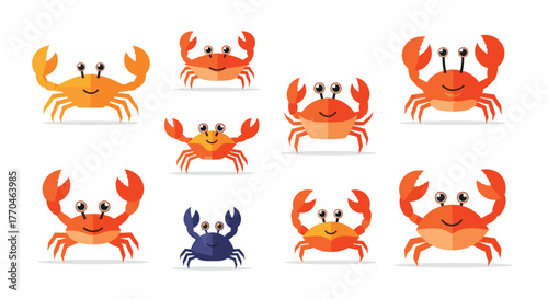 Adorable collection of cheerful cartoon crabs with big claws and happy smiles, perfect for summer beach themes and ocean designs