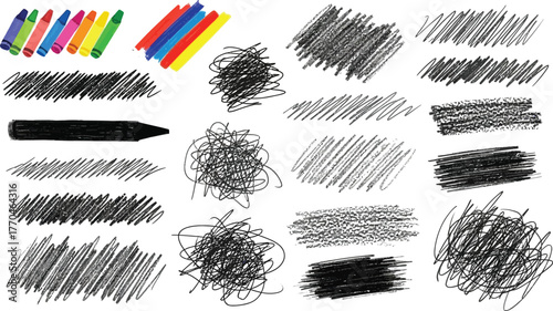 Crayon Scribbles Set with Colorful Wax Crayons and Graphite Strokes on White Background
