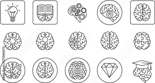 Creative Brain Icons Set Light Bulb, Book, Eye, Gears, Puzzle, Rocket, Diamond Line Art