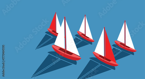 Dynamic fleet of red and white sailboats racing on vibrant blue ocean under bright sunlight, symbolizing teamwork and competition