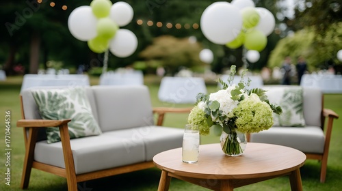 Elegant summer party decor with outdoor furniture, flowers, and balloons. Wedding lounge area in garden.
