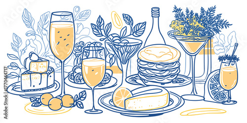 Gourmet food and drink display with desserts, cocktails, and fresh ingredients on white background