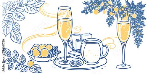 Elegant food and drink arrangement with champagne, fruits, and decorative elements on white background