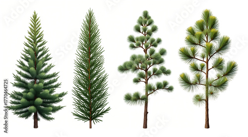 Collection of diverse evergreen conifers showcasing vibrant green foliage and natural textures, perfect for nature projects