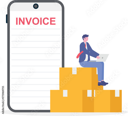 A businessman stands next to a package box carrying a document labeled INVOICE,

